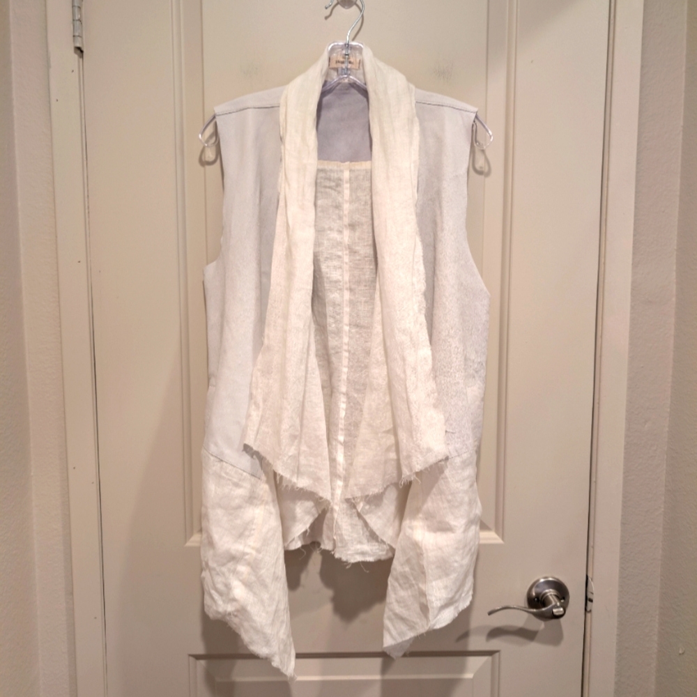 Jakett New York White Sleeveless Drape Vest Leather and Linen Size Large